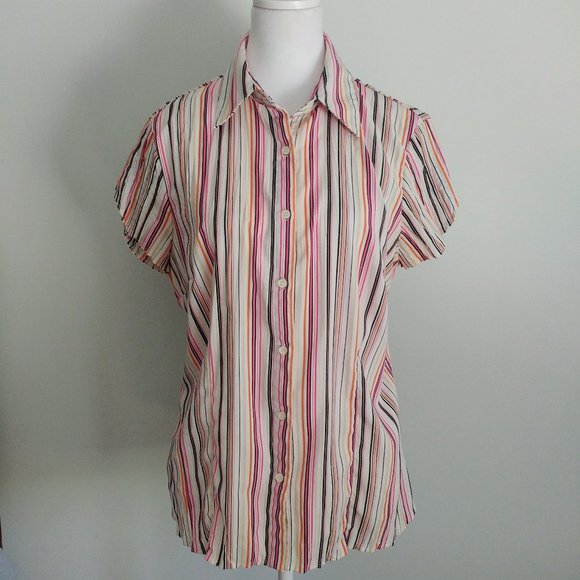 FRED DAVID Colourful Pinstriped Collared Shirt Blouse Micro Pleats Tulip Sleeves - Picture 2 of 9